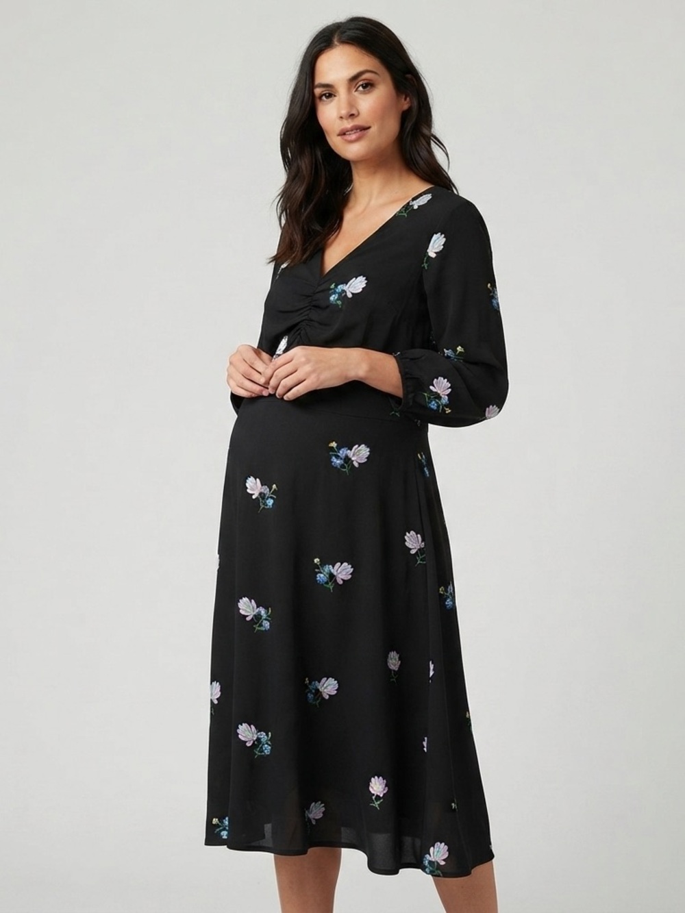 ASOS MATERNITY BLACK FLORAL EMBROIDERED V NECK KNEE LENGTH DRESS size 10.